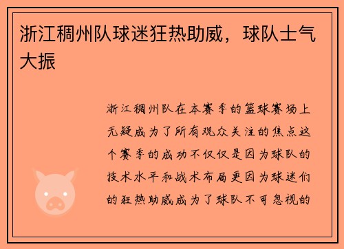 浙江稠州队球迷狂热助威，球队士气大振