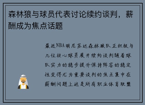 森林狼与球员代表讨论续约谈判，薪酬成为焦点话题
